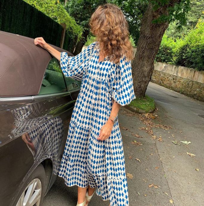 Womens Maxi Dress with Puff Sleeve and V-Neck Boho Style