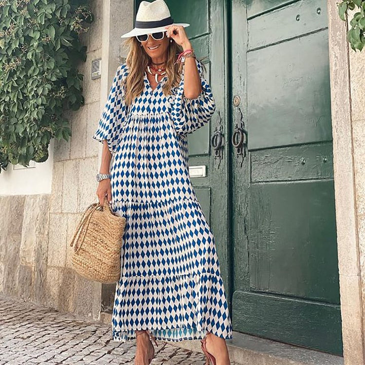 Womens Maxi Dress with Puff Sleeve and V-Neck Boho Style
