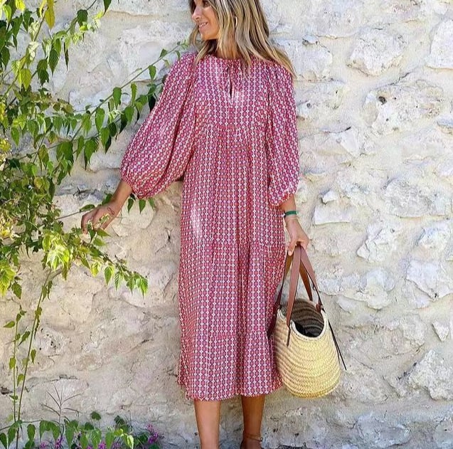 Womens Maxi Dress with Puff Sleeve and V-Neck Boho Style