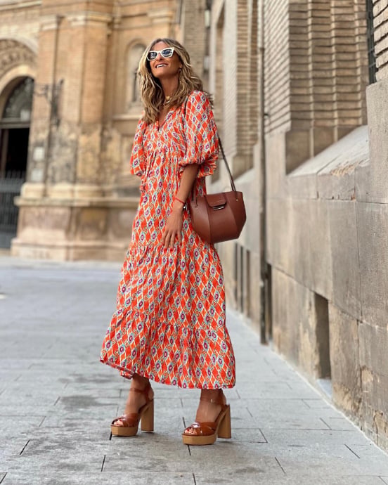 Womens Maxi Dress with Puff Sleeve and V-Neck Boho Style