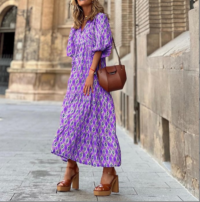Womens Maxi Dress with Puff Sleeve and V-Neck Boho Style