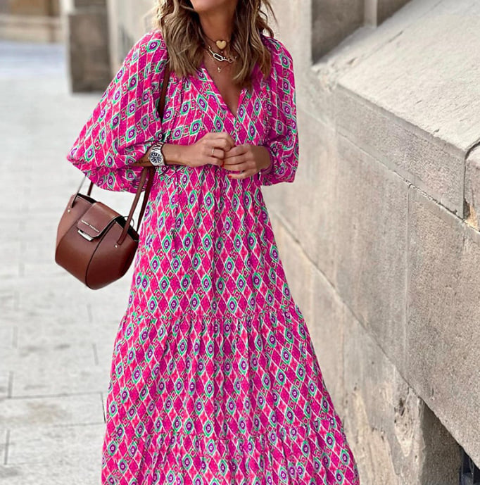 Womens Maxi Dress with Puff Sleeve and V-Neck Boho Style