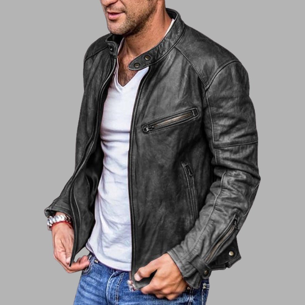 Mens Leather Jacket Stand Collar Street Style