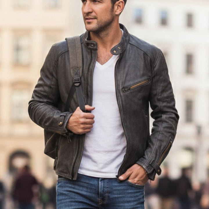 Mens Leather Jacket Stand Collar Street Style