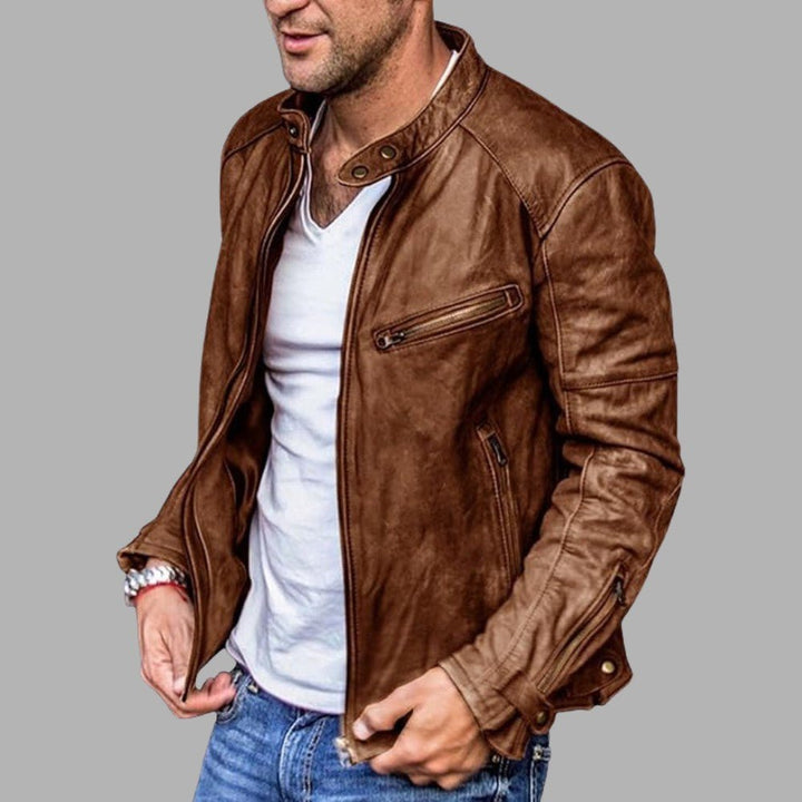Mens Leather Jacket Stand Collar Street Style