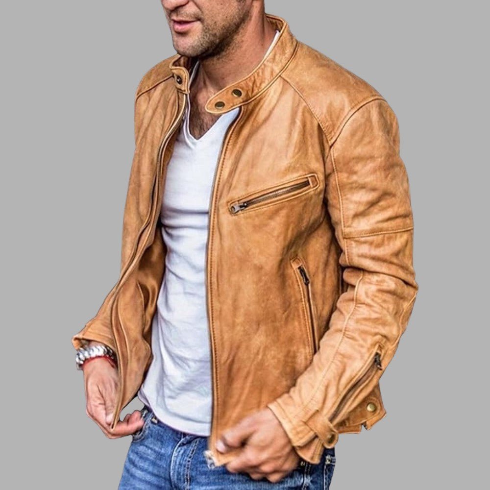 Mens Leather Jacket Stand Collar Street Style