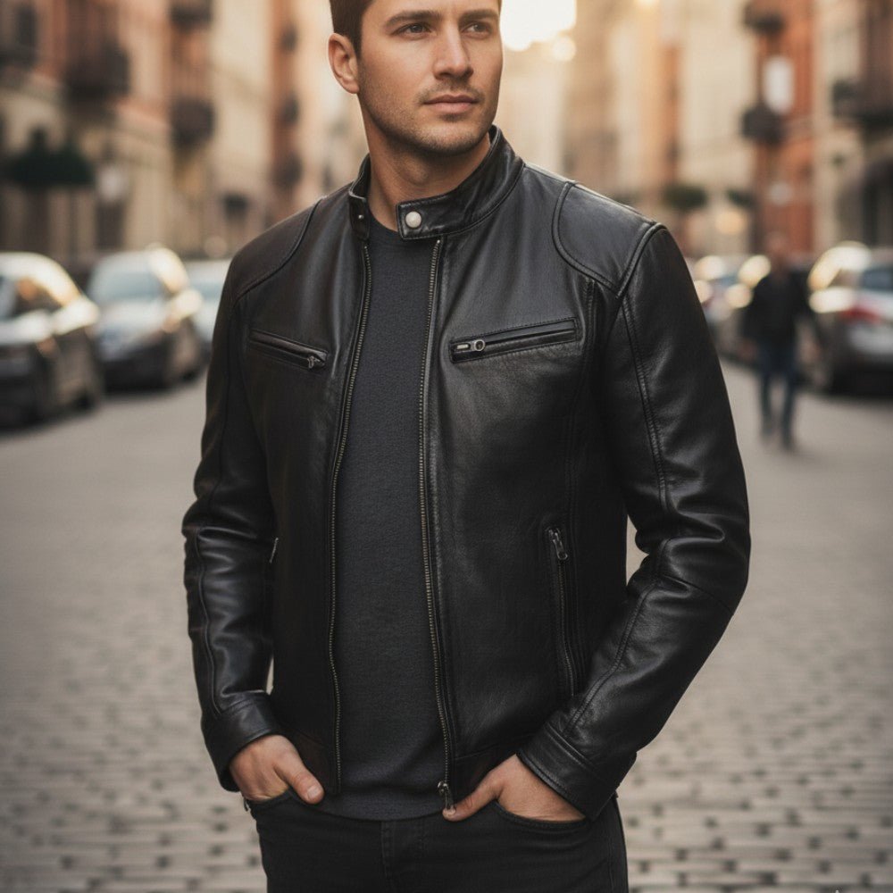 Mens Leather Jacket with Stand Collar and Zip Closure - BritishMode