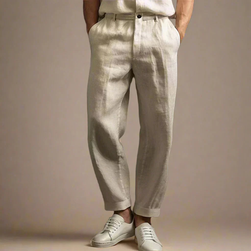 Mens Casual Linen Look Trousers Relaxed Breathable Fit - BritishMode