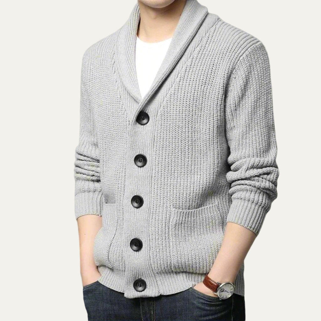 Mens Chunky Knit Cardigan with Shawl Collar and Button Closure - BritishMode