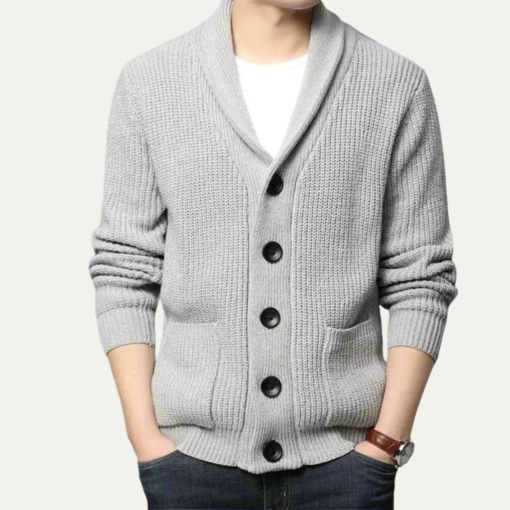Mens Chunky Knit Cardigan with Shawl Collar and Button Closure