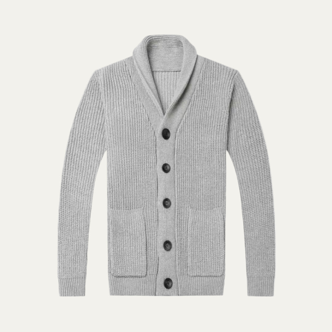Mens Chunky Knit Cardigan with Shawl Collar and Button Closure