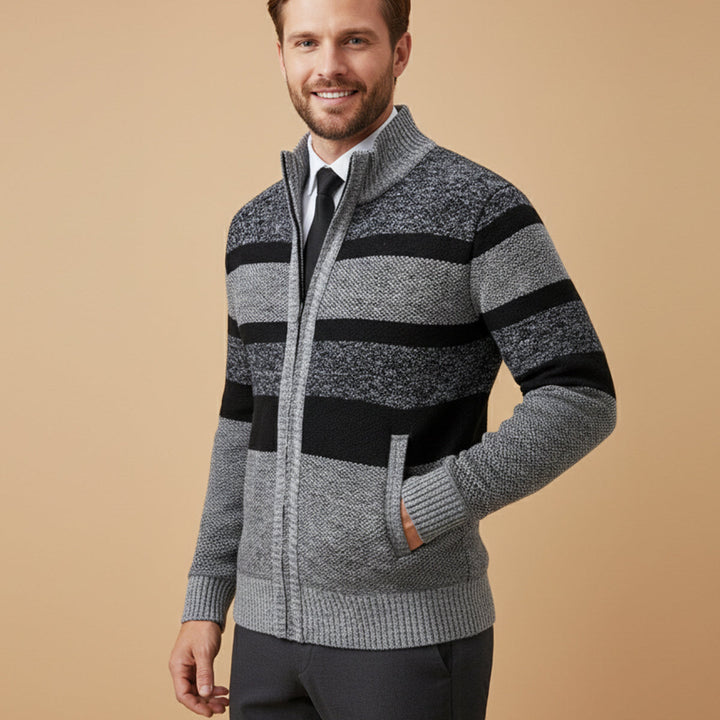 Mens Knit Zip Cardigan Warm Striped Fit