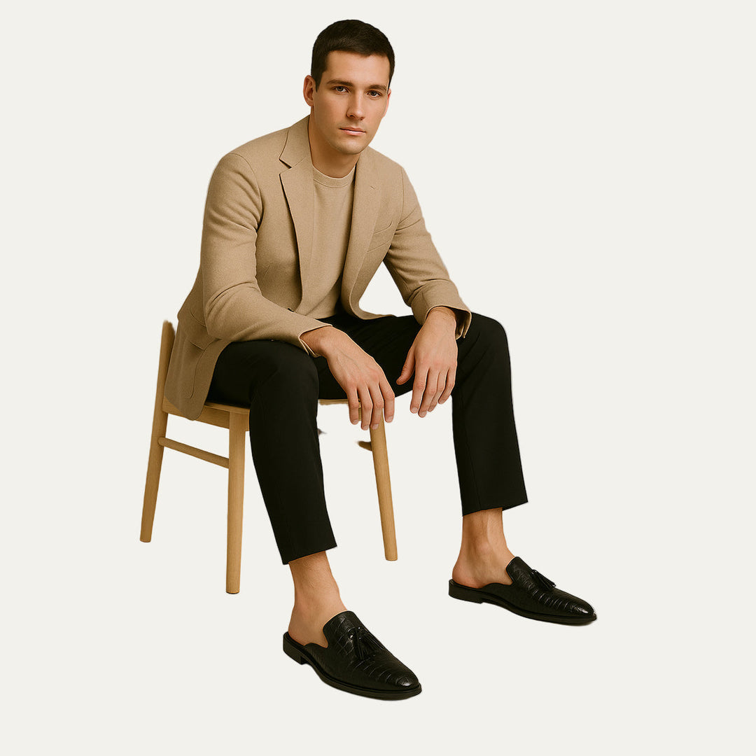 Mens Slip-On Mule Shoes Embossed Tassel Design