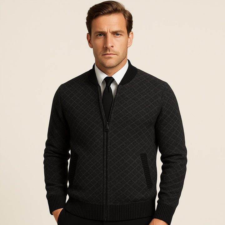 Mens Knitted Cardigan Diamond Pattern Zip-Up