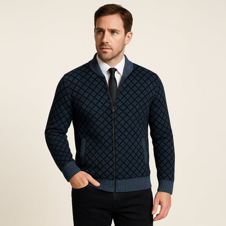 Mens Knitted Cardigan Diamond Pattern Zip-Up