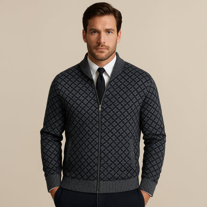 Mens Knitted Cardigan Diamond Pattern Zip-Up