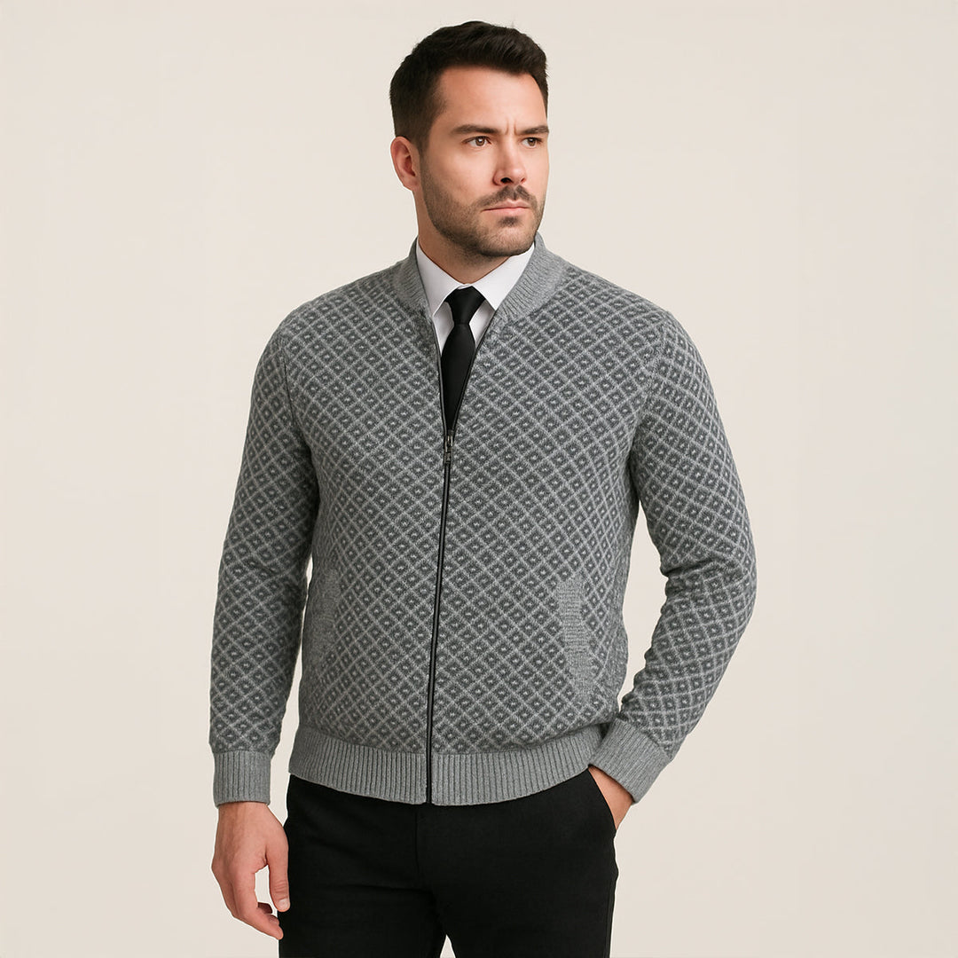 Mens Knitted Cardigan Diamond Pattern Zip-Up