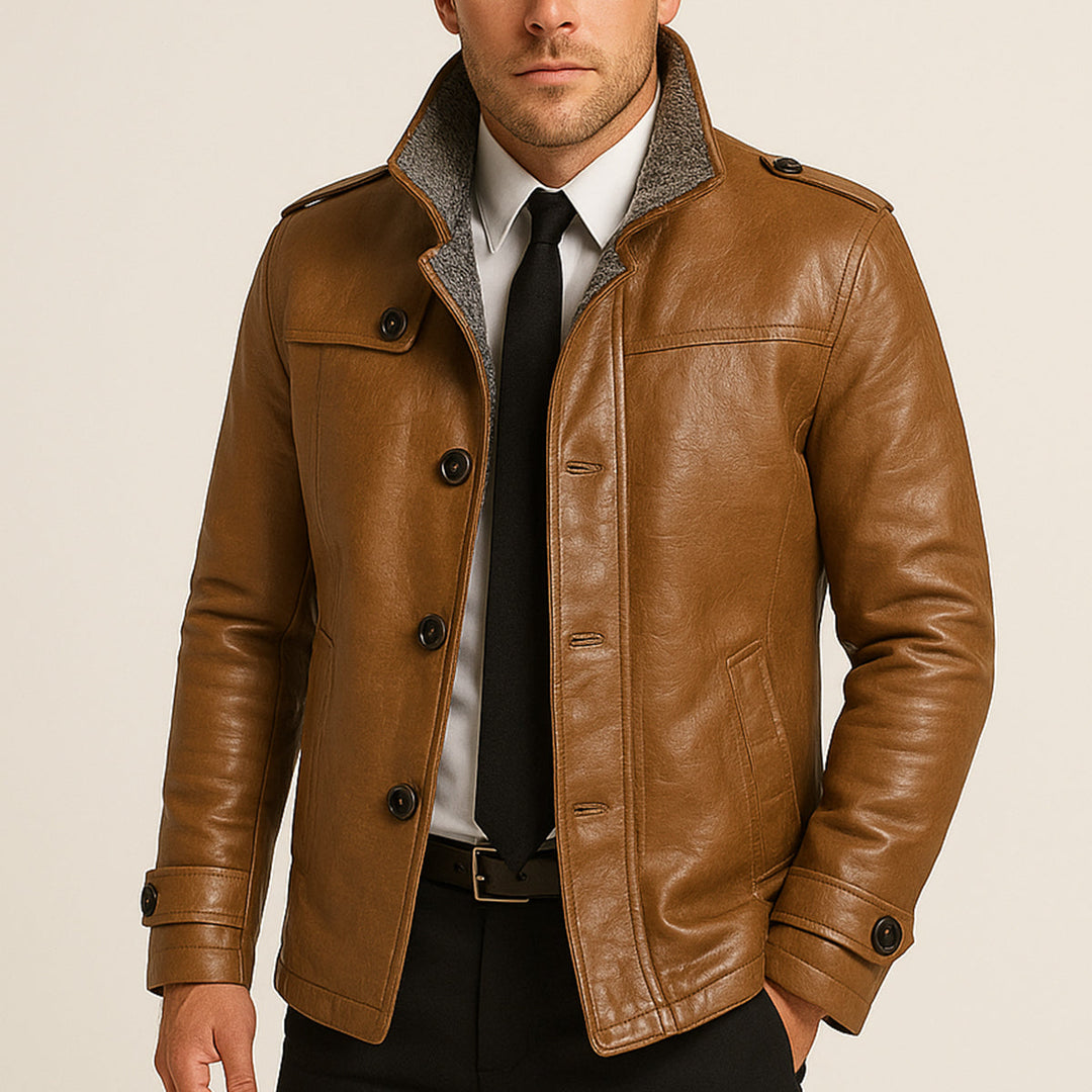 Mens Leather Jacket with Fleece Lining Stand Collar Warm
