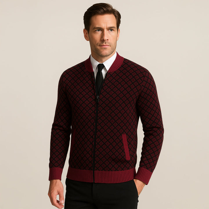 Mens Knitted Cardigan Diamond Pattern Zip-Up