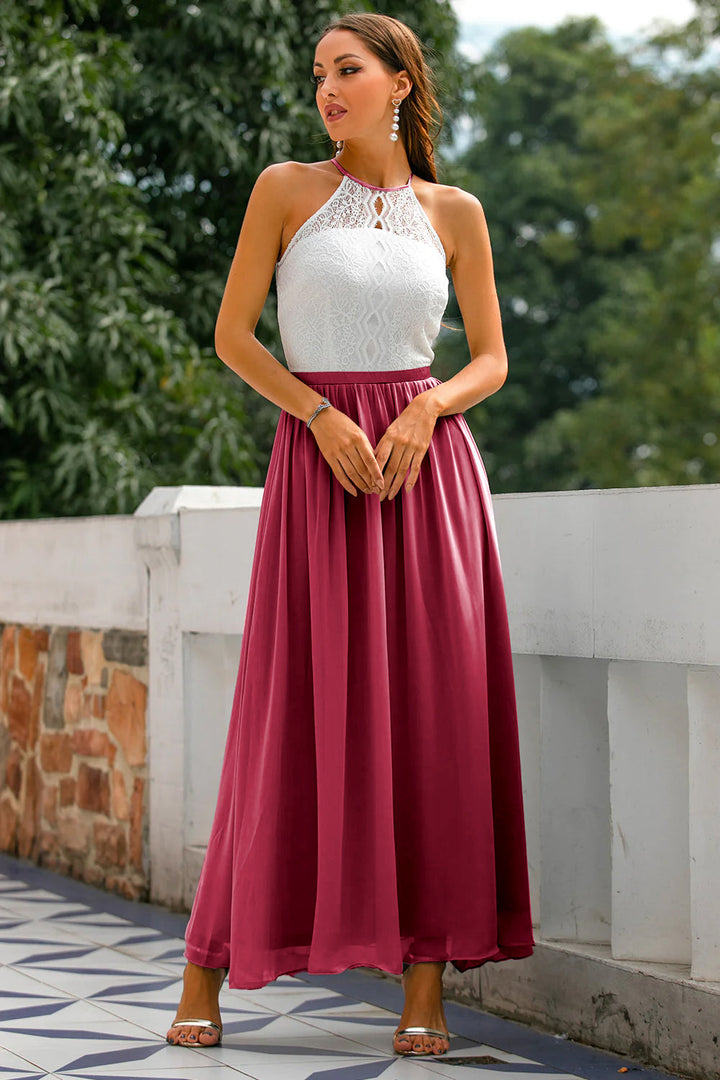 Womens Maxi Dress Lace Chiffon Halter Neck