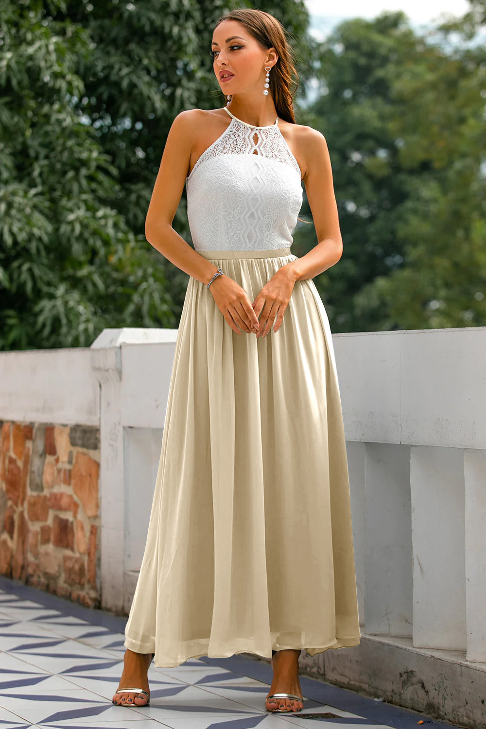 Womens Maxi Dress Lace Chiffon Halter Neck