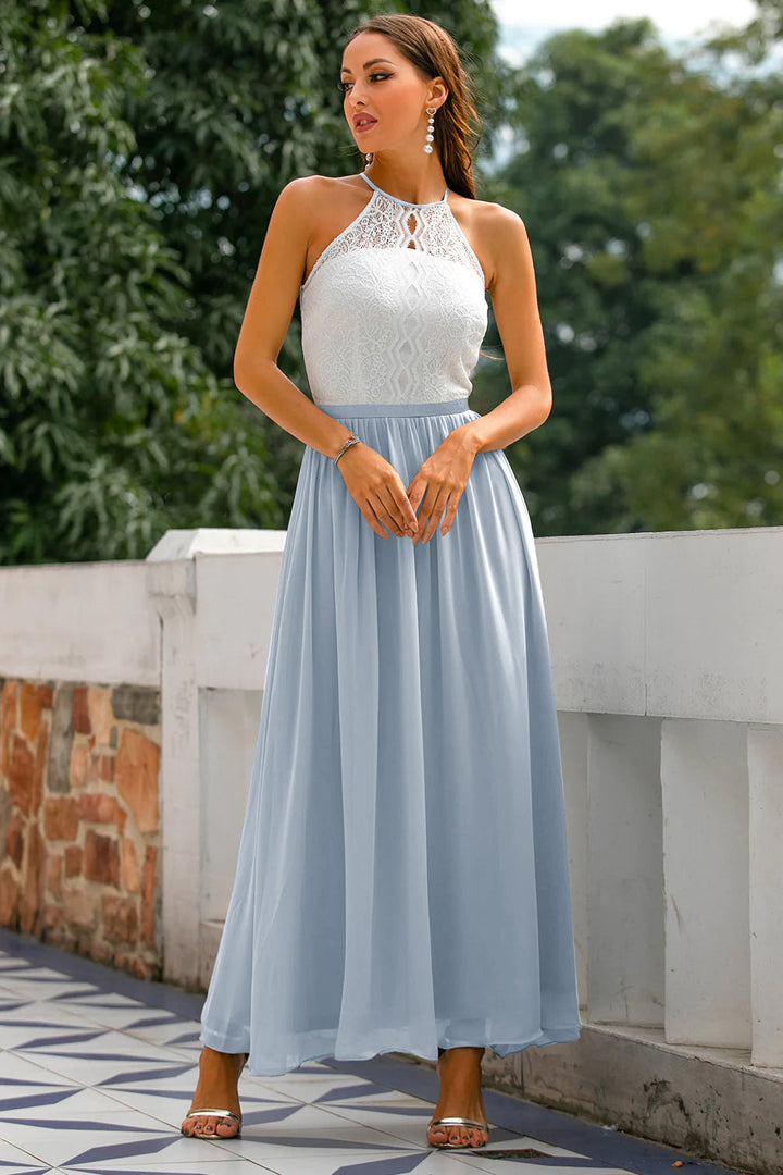 Womens Maxi Dress Lace Chiffon Halter Neck