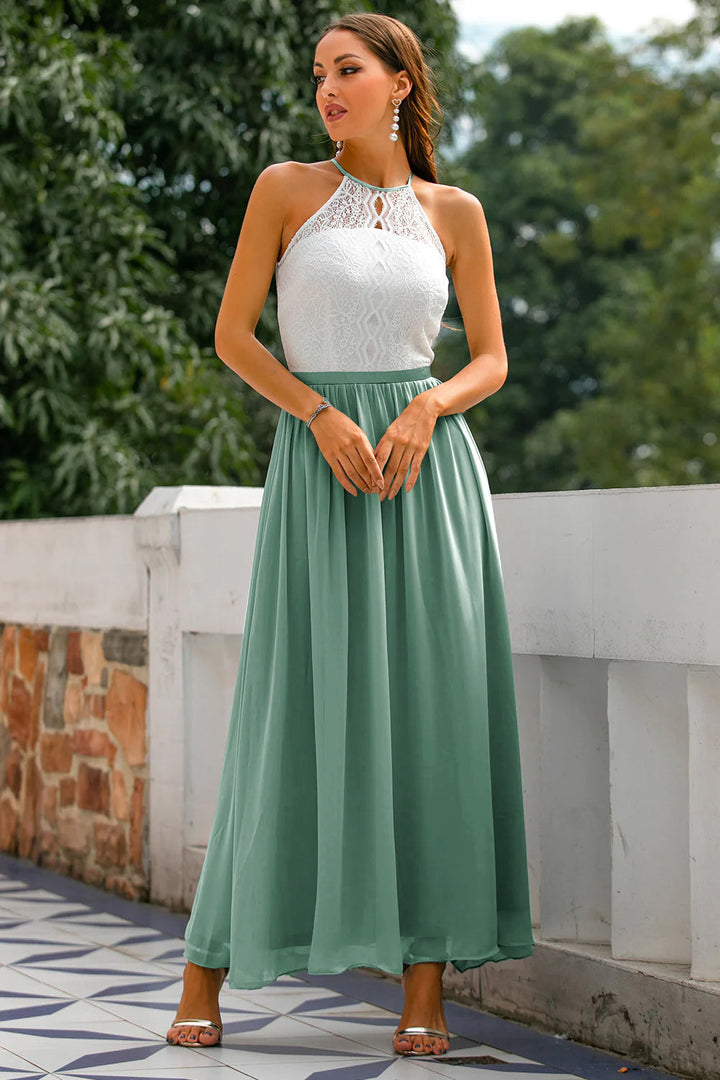 Womens Maxi Dress Lace Chiffon Halter Neck