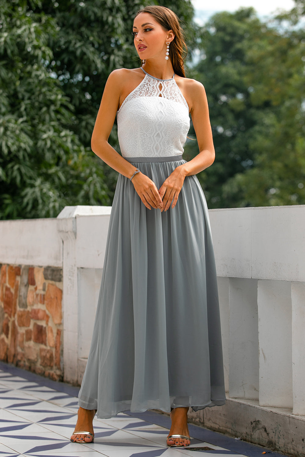 Womens Maxi Dress Lace Chiffon Halter Neck - BritishMode