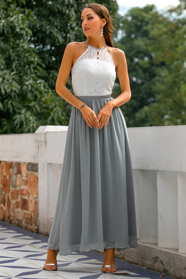 Womens Maxi Dress Lace Chiffon Halter Neck - BritishMode