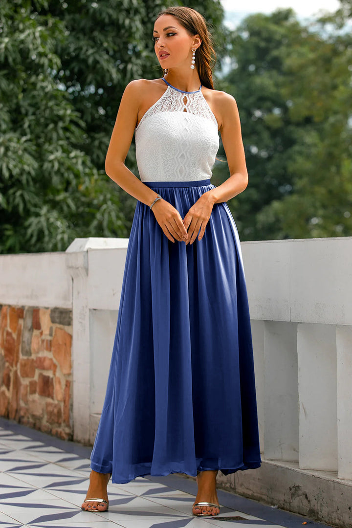 Womens Maxi Dress Lace Chiffon Halter Neck