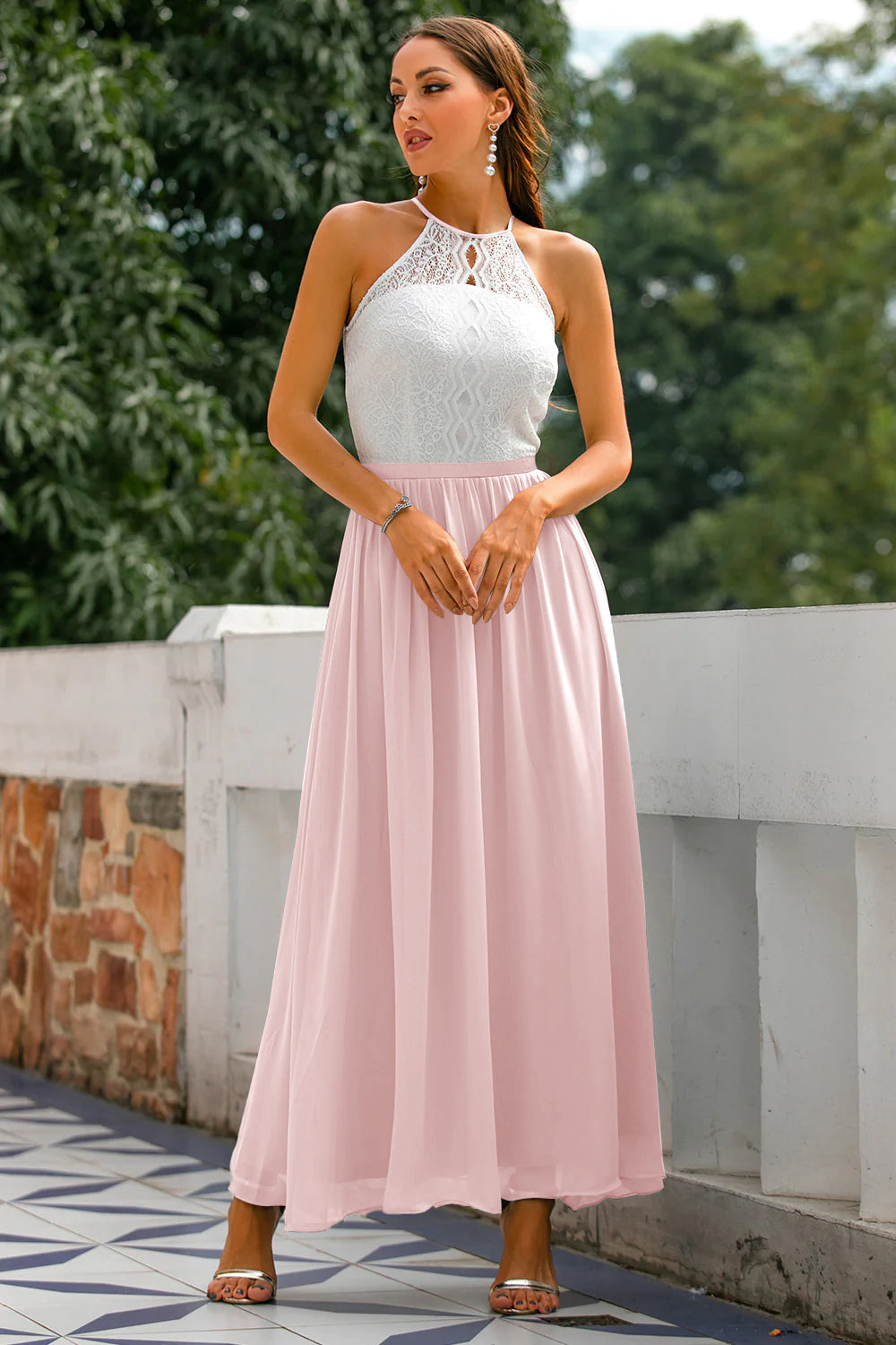 Womens Maxi Dress Lace Chiffon Halter Neck