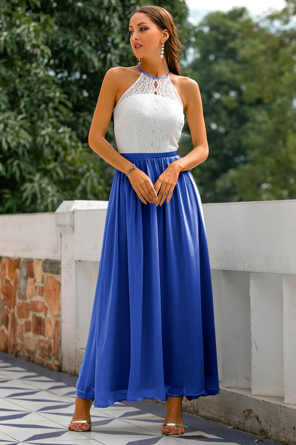 Womens Maxi Dress Lace Chiffon Halter Neck