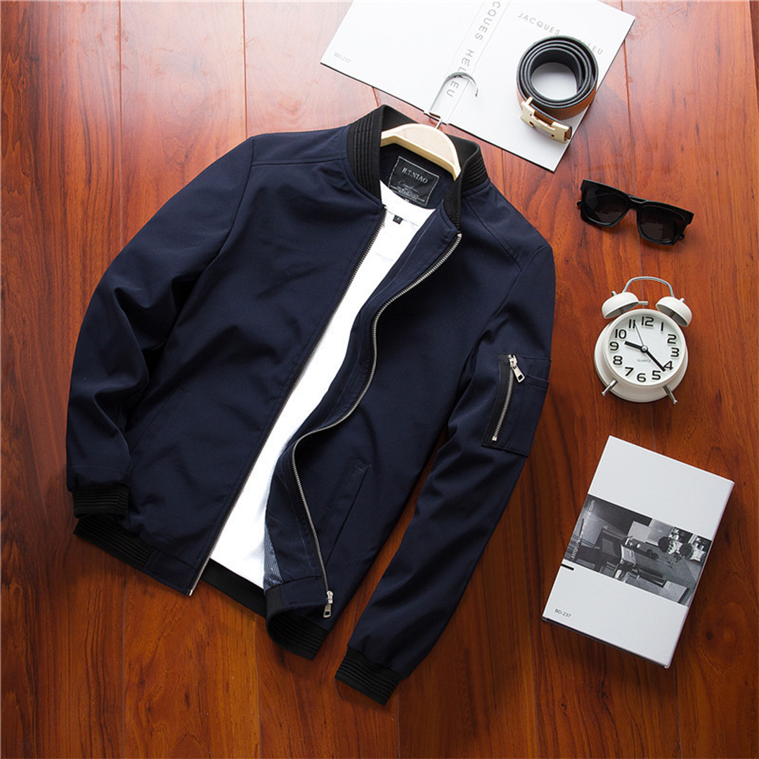 Mens Bomber Jacket Casual Fit Sleeve Zip Pocket