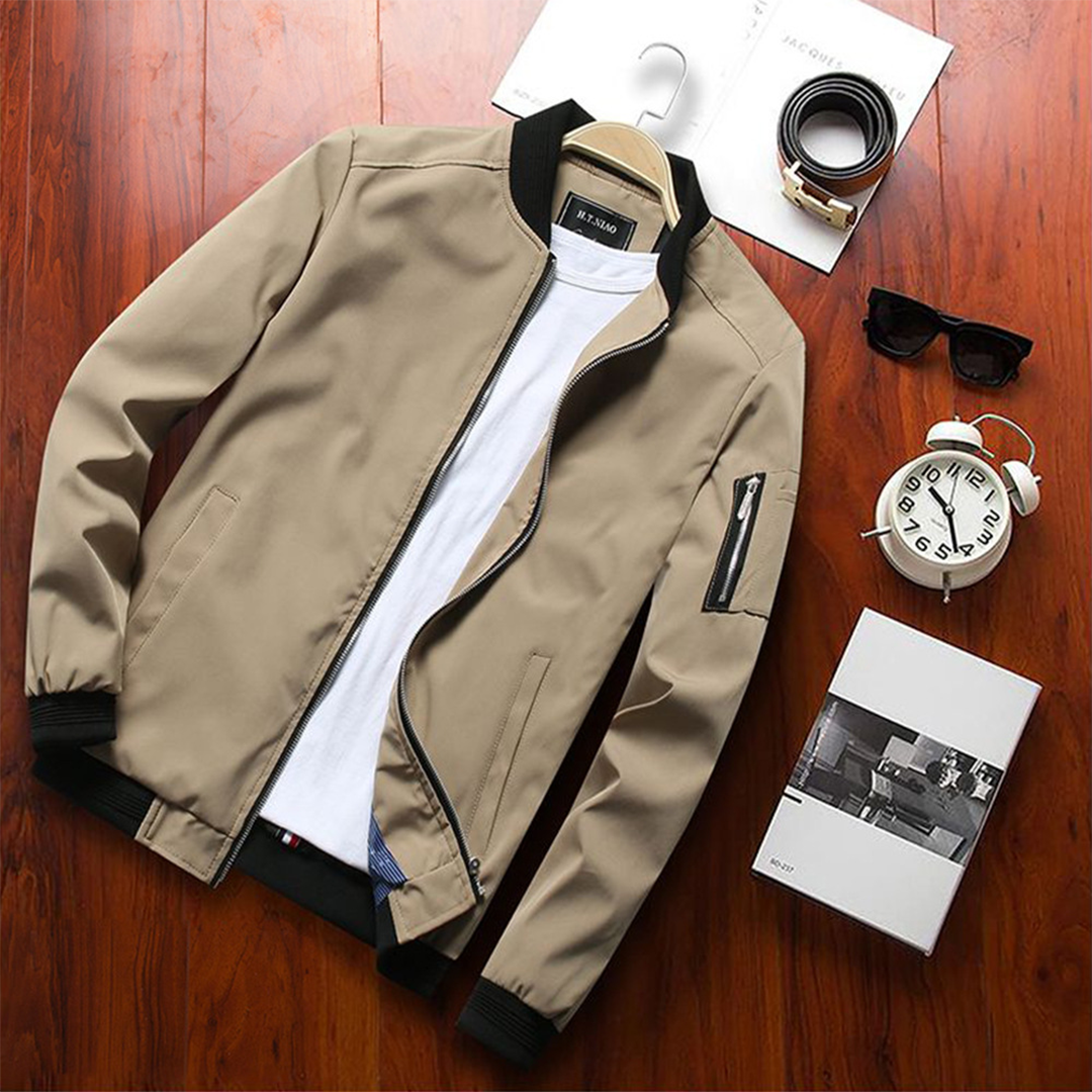 Mens Bomber Jacket Casual Fit Sleeve Zip Pocket