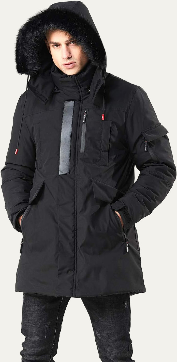 Mens Mid-Length Parka with Faux Fur Hood Winter Coat