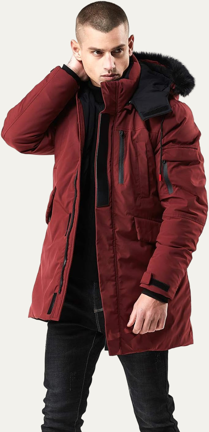 Mens Mid-Length Parka with Faux Fur Hood Winter Coat - BritishMode