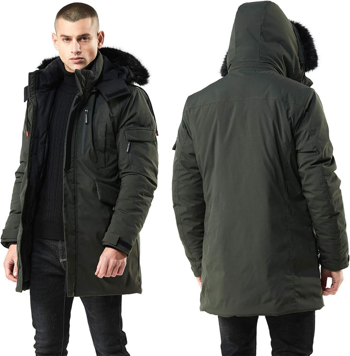 Mens Mid-Length Parka with Faux Fur Hood Winter Coat