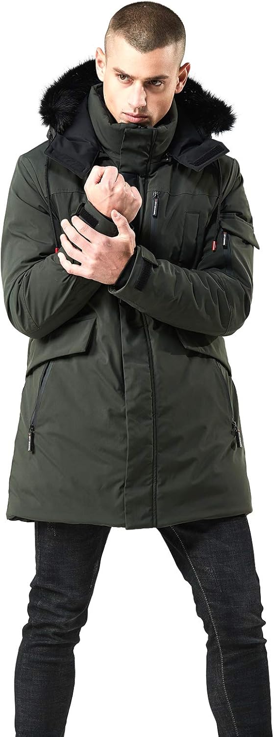 Mens Mid-Length Parka with Faux Fur Hood Winter Coat