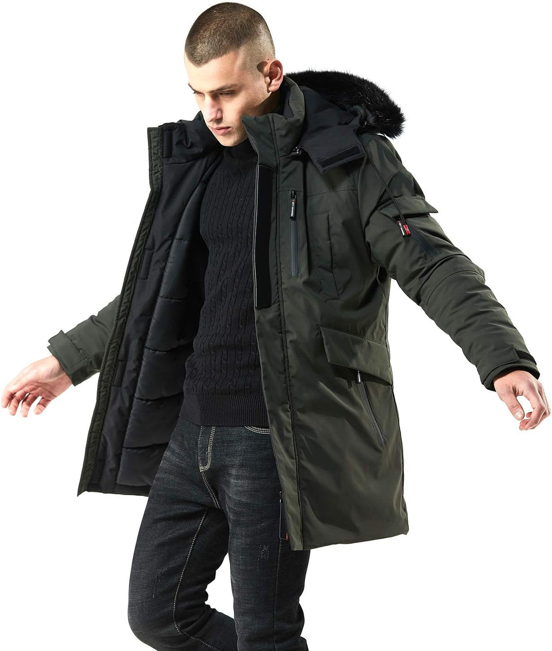 Mens Mid-Length Parka with Faux Fur Hood Winter Coat