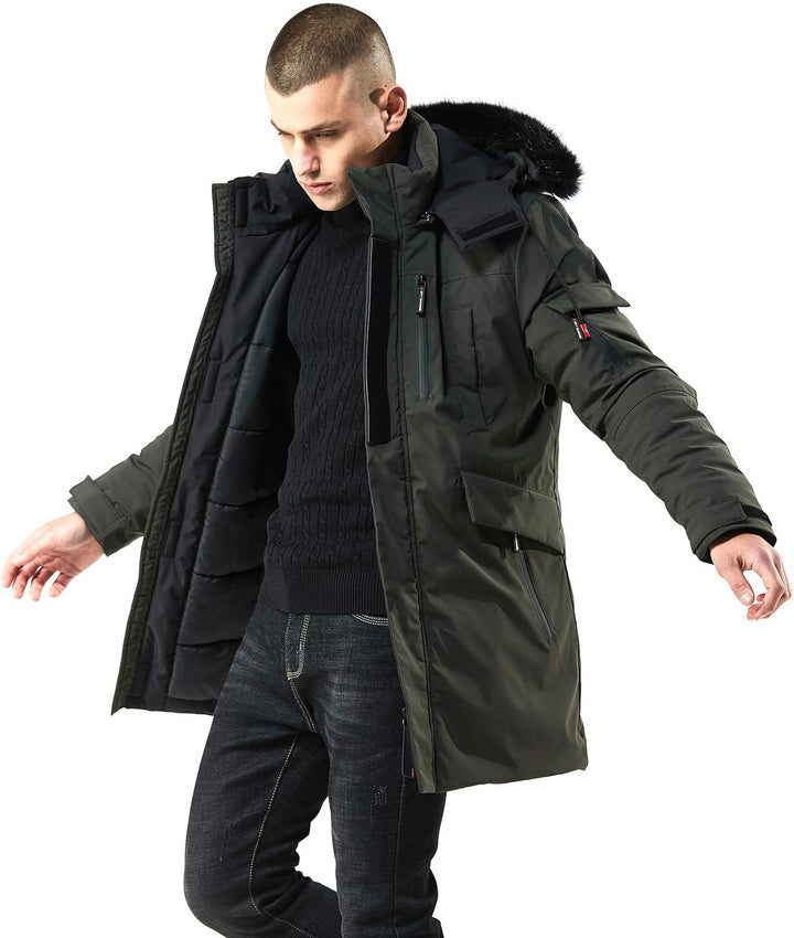 Mens Mid-Length Parka with Faux Fur Hood Winter Coat