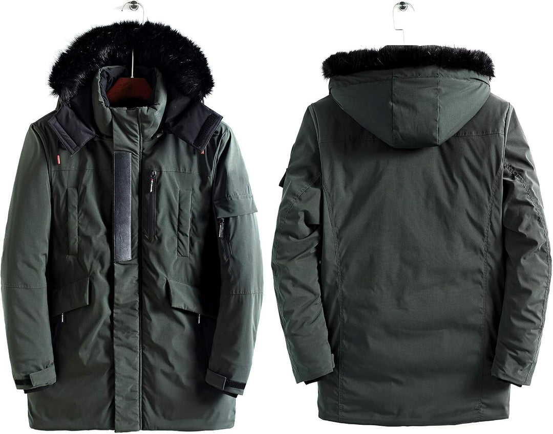 Mens Mid-Length Parka with Faux Fur Hood Winter Coat