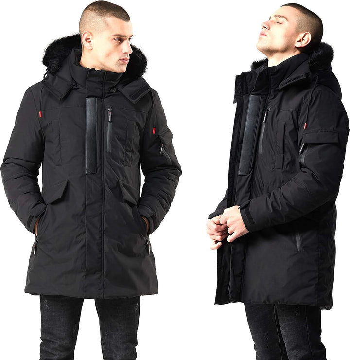 Mens Mid-Length Parka with Faux Fur Hood Winter Coat