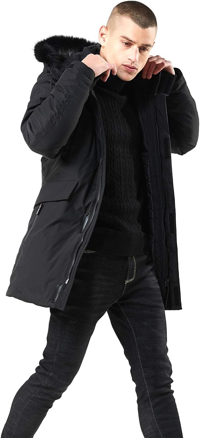 Mens Mid-Length Parka with Faux Fur Hood Winter Coat