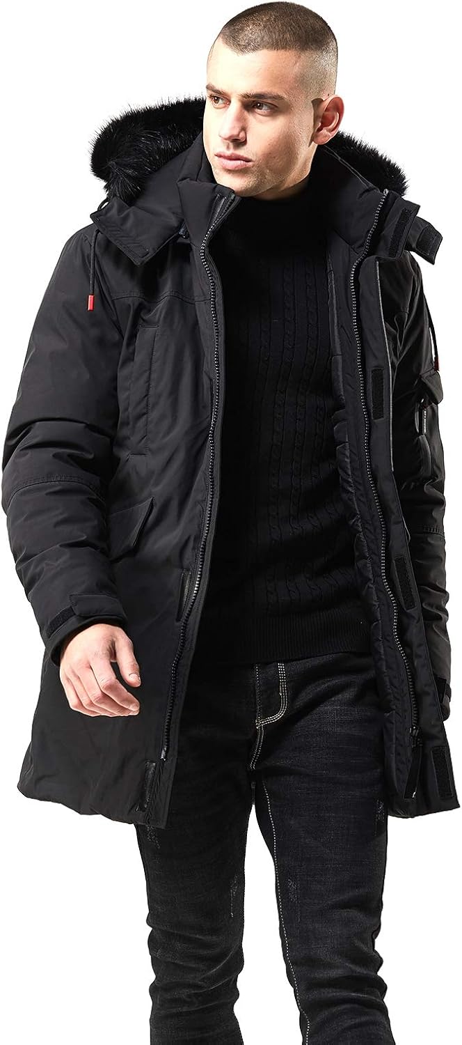 Mens Mid-Length Parka with Faux Fur Hood Winter Coat