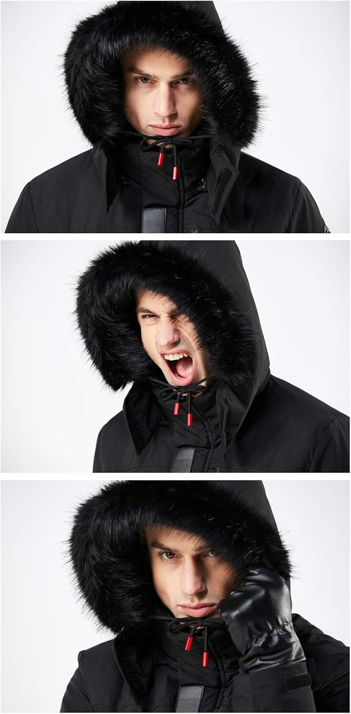 Mens Mid-Length Parka with Faux Fur Hood Winter Coat