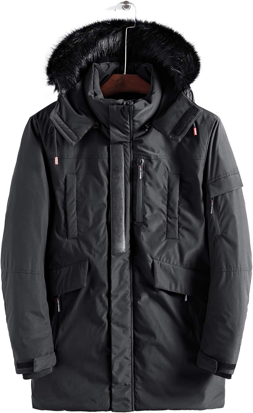Mens Mid-Length Parka with Faux Fur Hood Winter Coat
