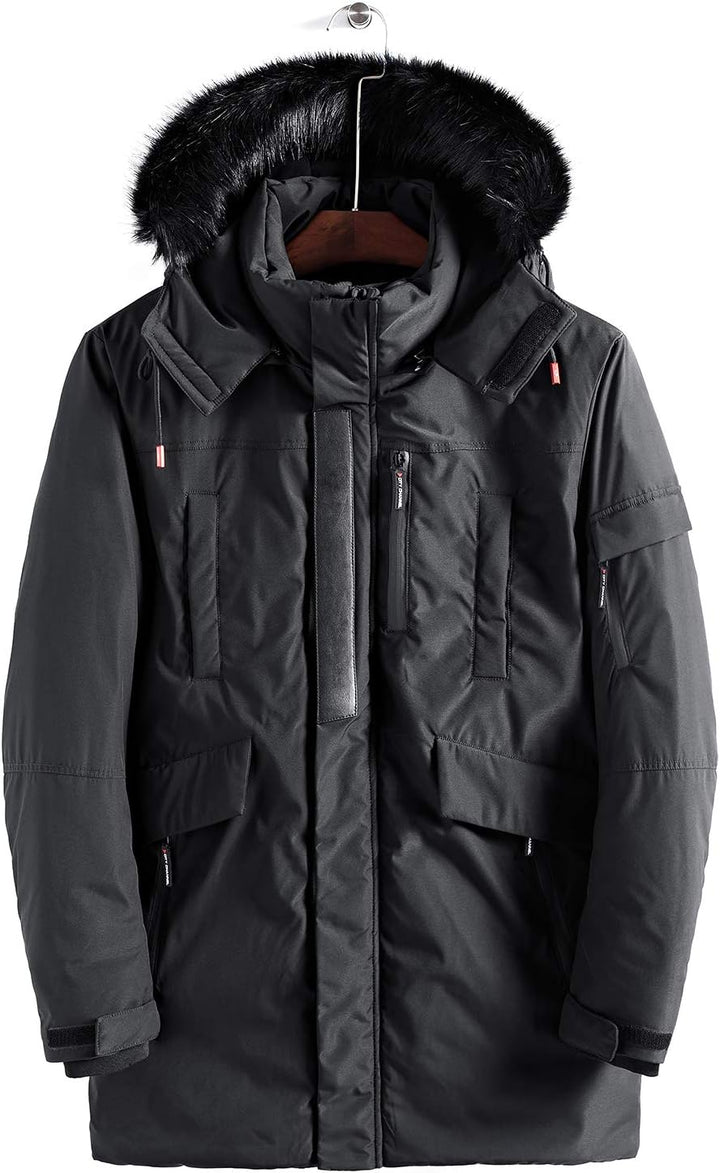 Mens Mid-Length Parka with Faux Fur Hood Winter Coat