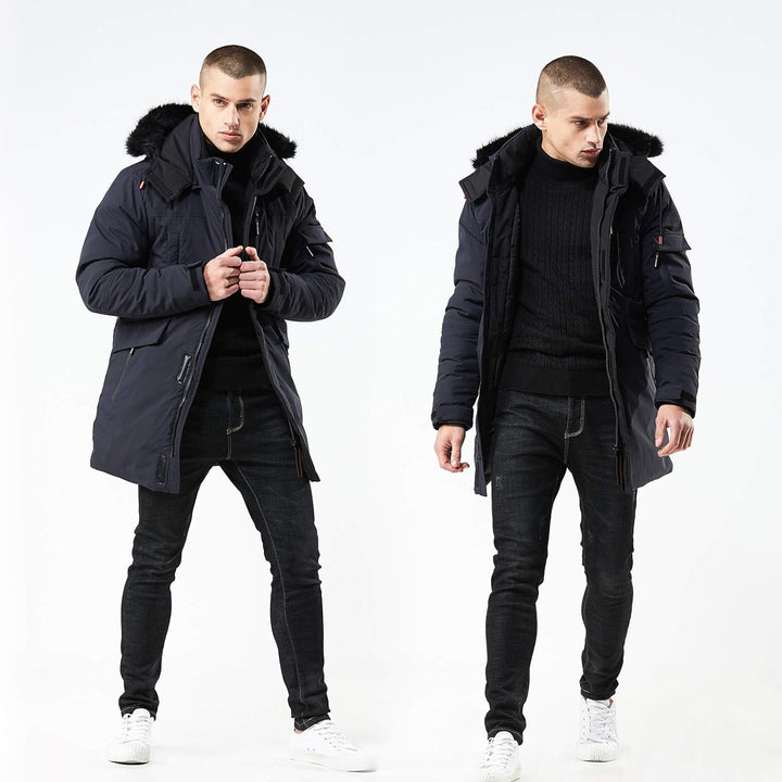 Mens Mid-Length Parka with Faux Fur Hood Winter Coat