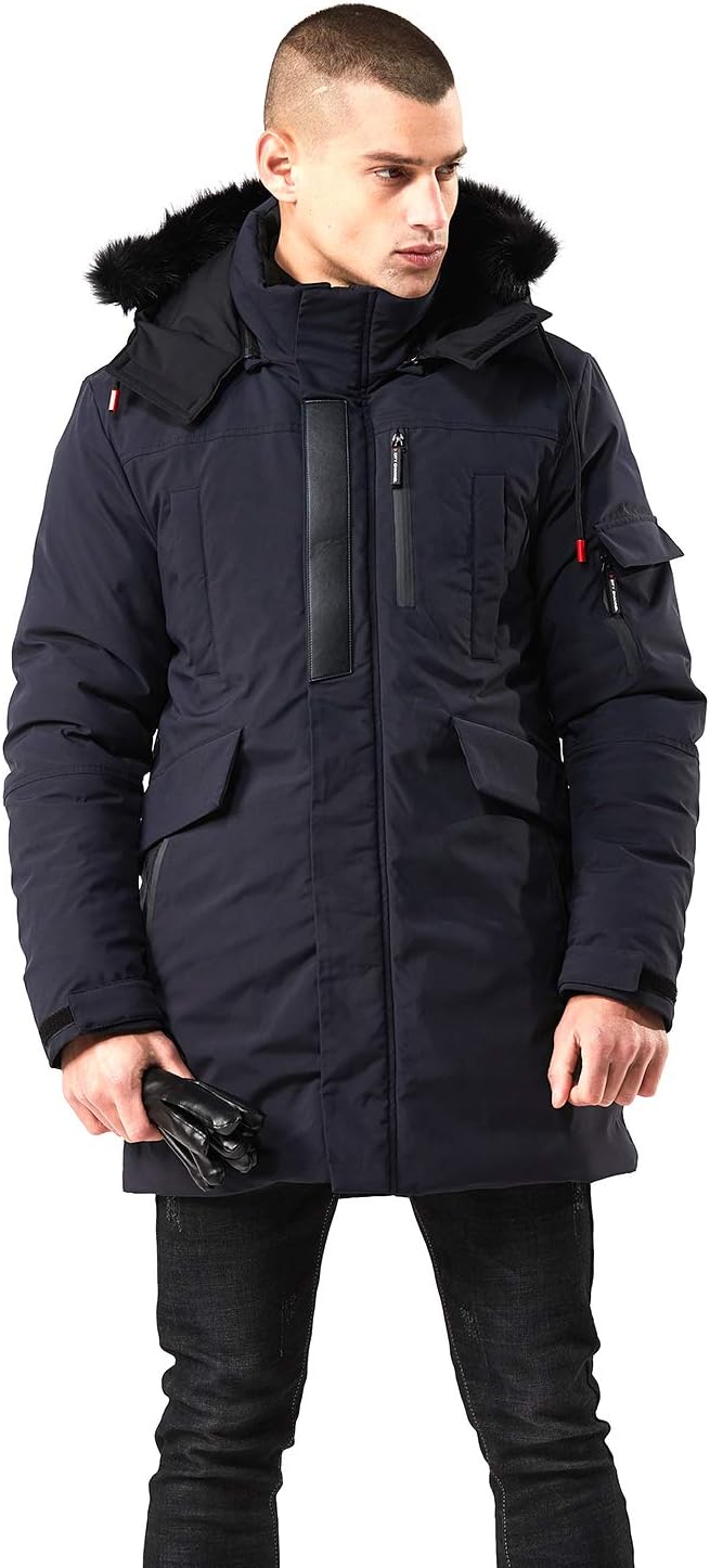 Mens Mid-Length Parka with Faux Fur Hood Winter Coat