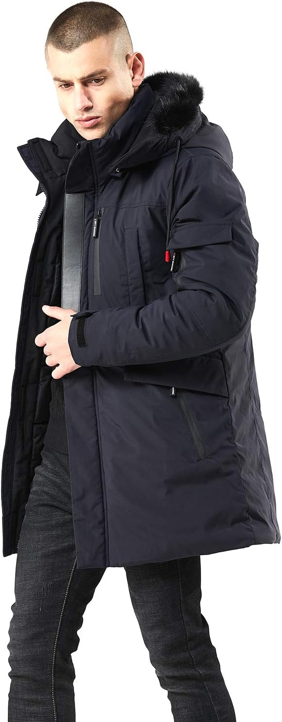 Mens Mid-Length Parka with Faux Fur Hood Winter Coat